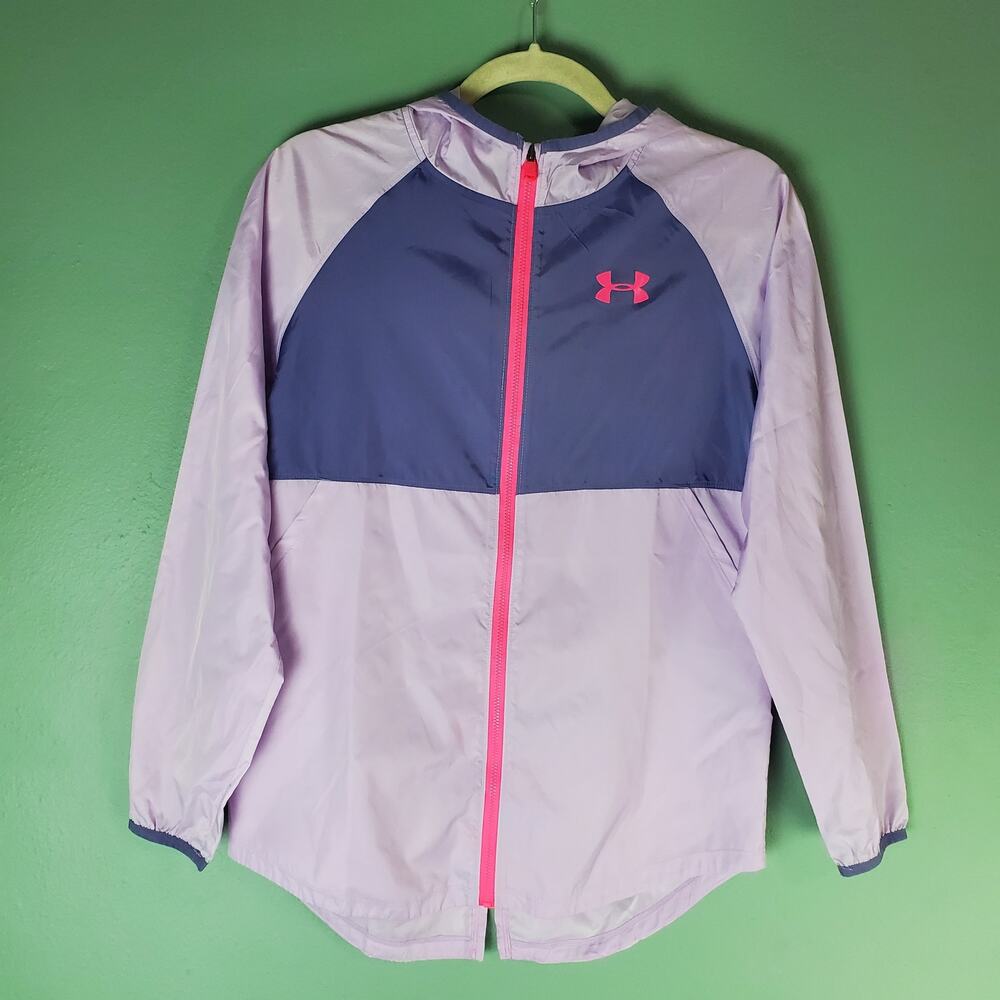 Under Armour Girls Purple Loose Full Zip Windbreaker Large Hooded Lightweight L